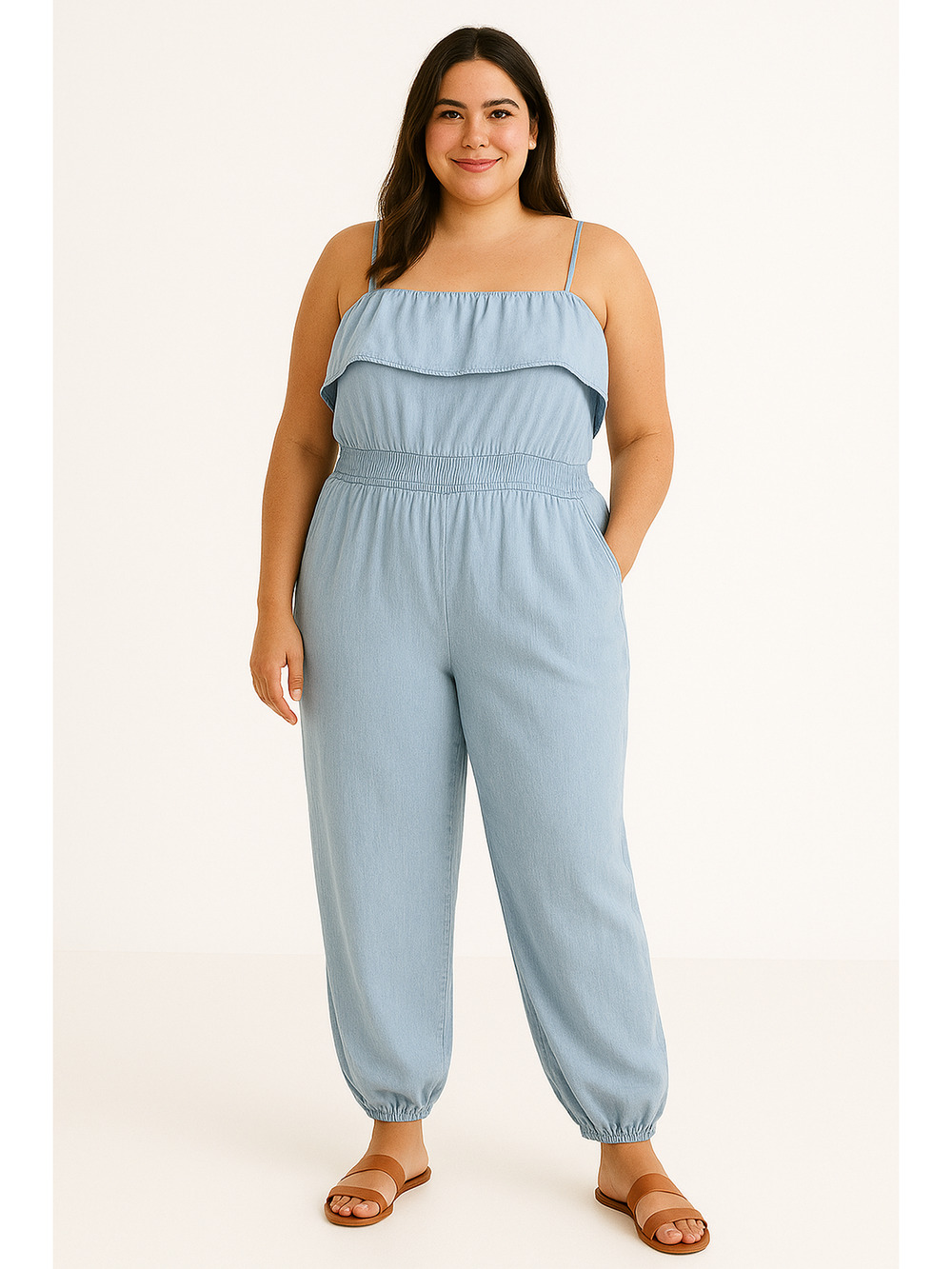 Tommy Hilfiger Ruffle Jumpsuit Womens Large Blue Strapless Removable Strap